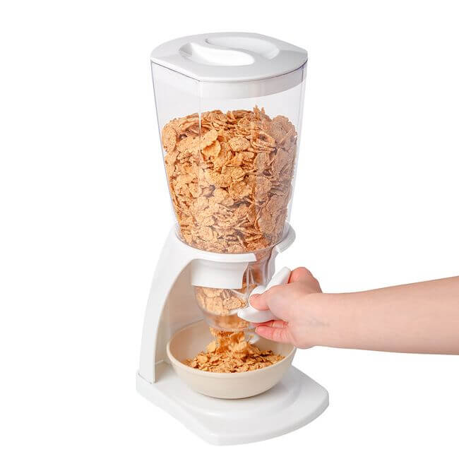 White and clear plastic cereal and dry food dispenser.