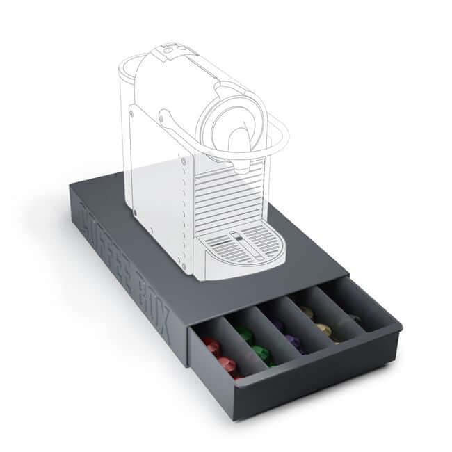 Coffee pod storage drawer with five rows: view with the pictogram of a coffee machine on top of it.