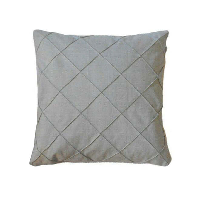 Gray fabric throw pillow with a diamond lattice  design.