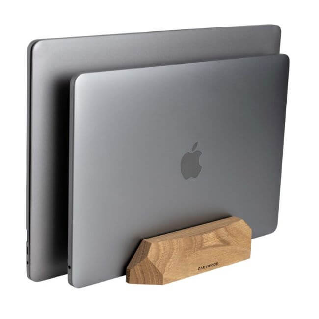 Oak dual vertical laptop stand holding two laptops of different sizes.