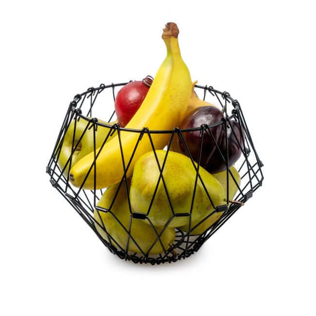 Flexible black wire fruit basket shaped like a bowl: view with fruits.