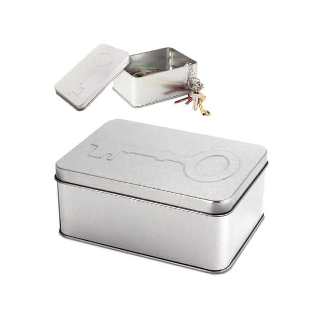 Tin key storage box with lid.
