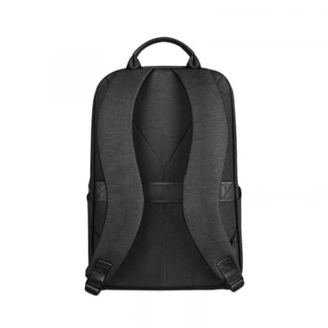 Black laptop backpack with padded straps. Back view.