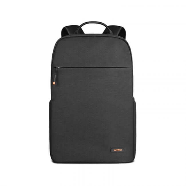 Black laptop backpack with padded straps and a front pocket.