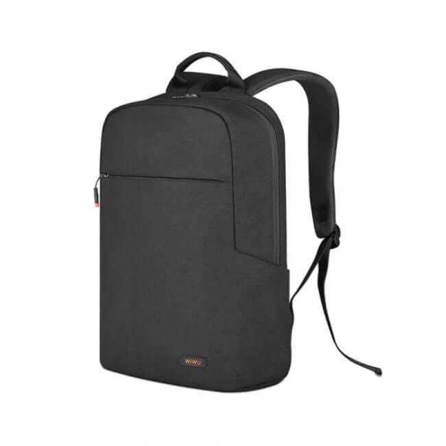 Black laptop backpack with padded straps and a front pocket.