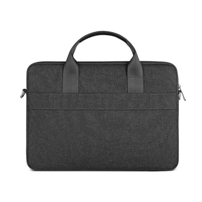 Black laptop shoulder bag with two handles and a removable strap. Back view.