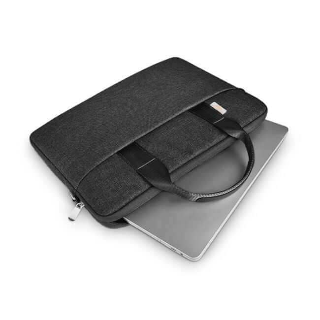 Gray laptop inside a black laptop bag.
