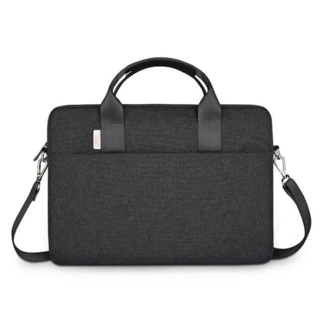 Black laptop shoulder bag with two handles and a removable strap.