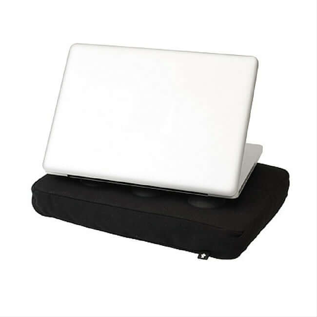 Black laptop cushion with 6 silicone pads that prevent the laptop from overheating, with a laptop on top of it..