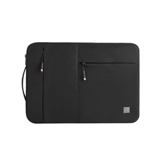 Black 13.3" laptop sleeve with two front zip pockets, one vertical, one horizontal, and a handle on the left hand side.