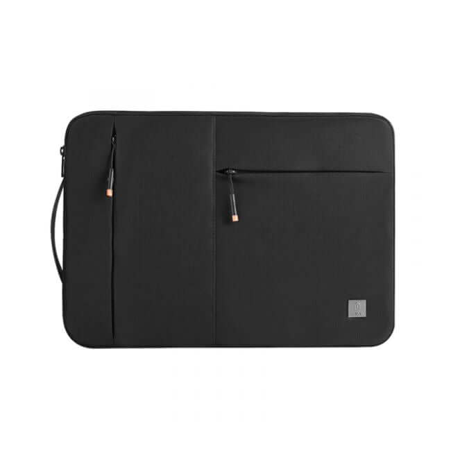 Black 14" laptop sleeve with two front zip pockets, one vertical, one horizontal, and a handle on the left hand side.