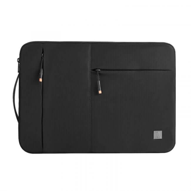 Black 15.6" laptop sleeve with two front zip pockets, one vertical, one horizontal, and a handle on the left hand side.