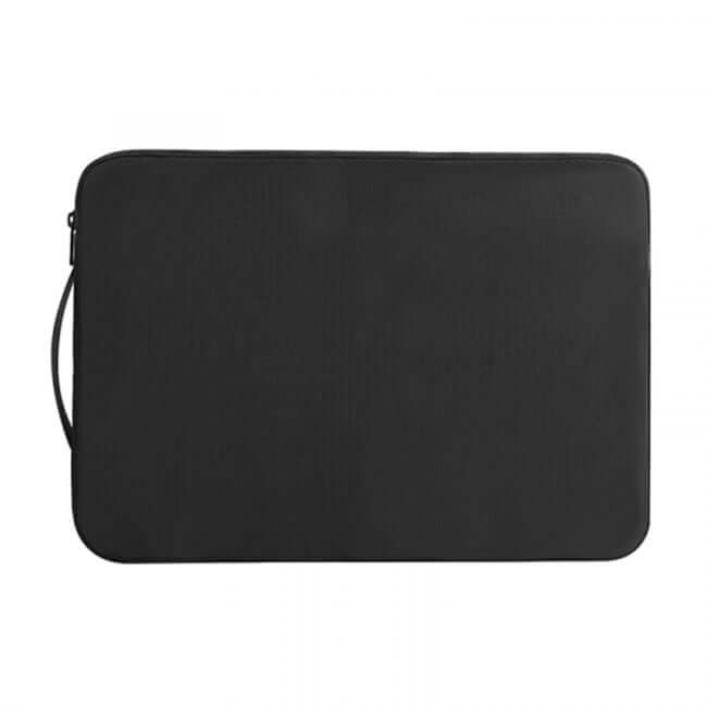 Back view of a black 13.3" laptop sleeve. 