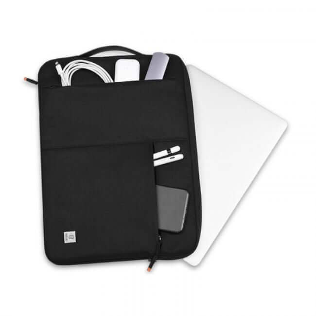 Black 13.3" laptop sleeve holding a laptop in the main compartment and tech accessories in the two front pockets.