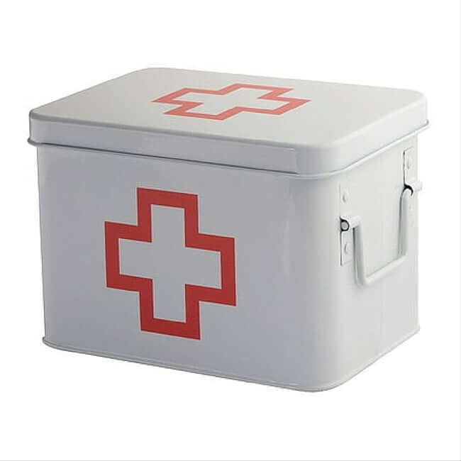 White metal first aid box with side carrying handles.