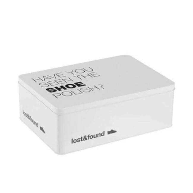 White tin storage box for storing shoe care and accessories, with the text "have you seen the show polish?"