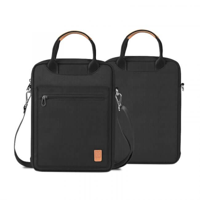 Black tablet bag with a strap and two handles. Front and back views.