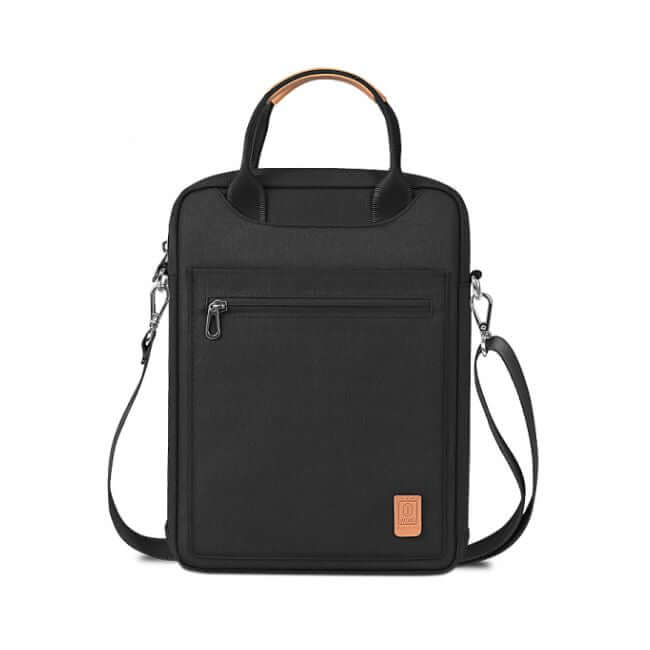 Black tablet bag with a strap and two handles.