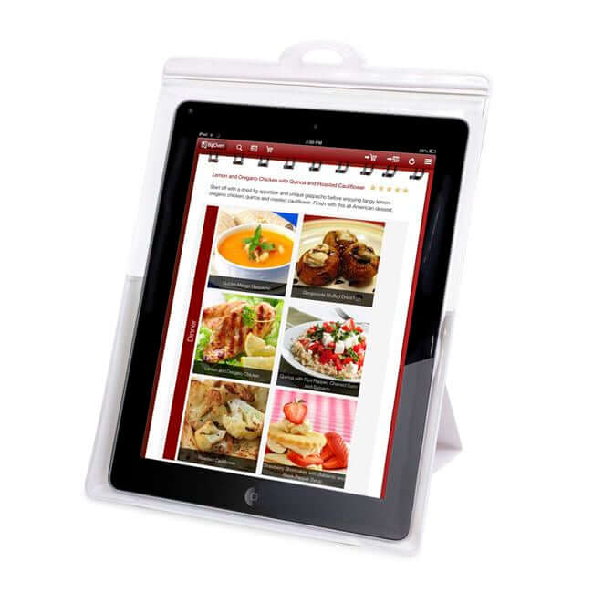 Transparent tablet case with stand and a tablet inside.