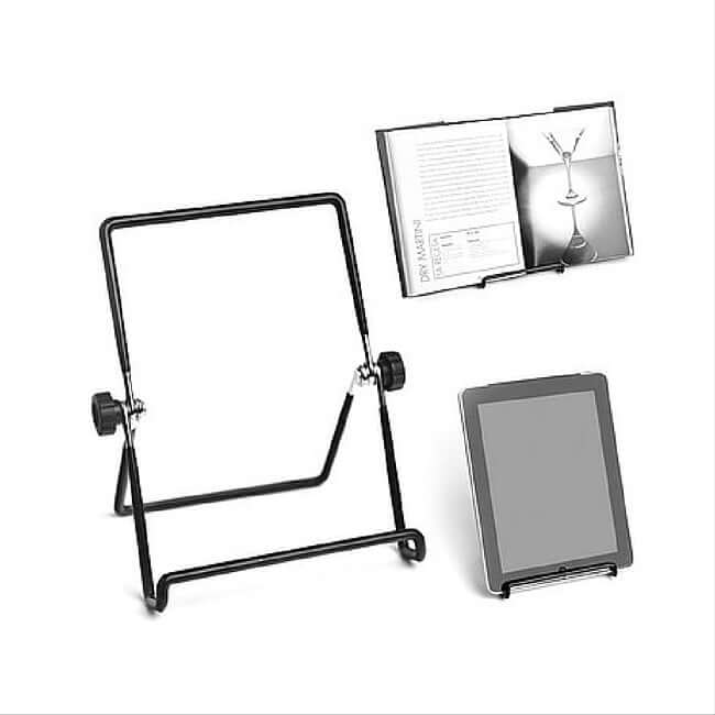 Foldable and adjustable black tablet holder stand.