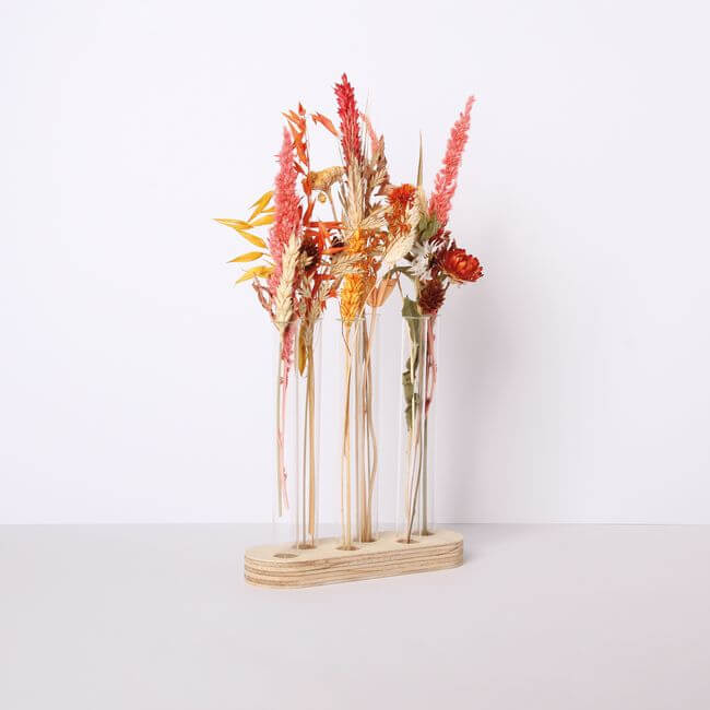Test tube stand with 6 bud vases and dried plants: side view