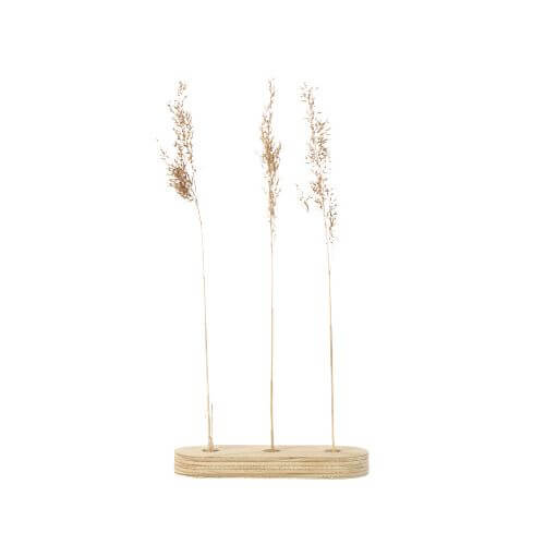 Test tube stand with 3 bud vases and dried plants.