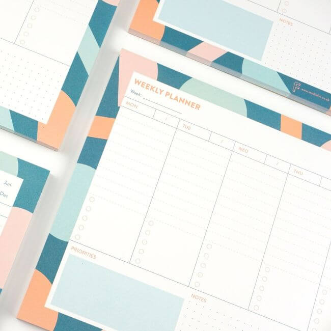 Weekly planner with space for a weekly agenda, priorities and notes: close-up view.